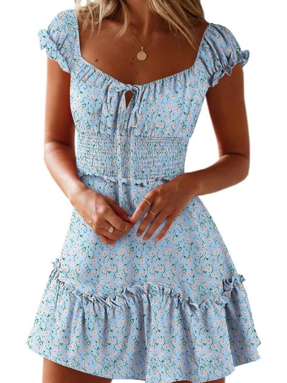 Light Blue Floral Smocked Mini Dress with Puff Sleeves